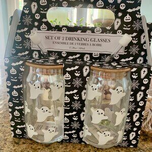 NEW Set of 2 Halloween White Ghost Drinking Glasses with Straws & Lids
